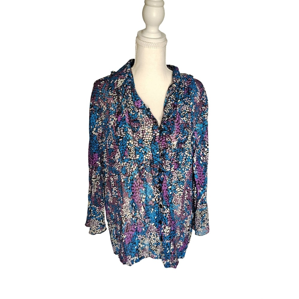 Notations Blue Purple Mosaic‎ Bubble Print Ruffle V-Neck Blouse XL MCPW0227